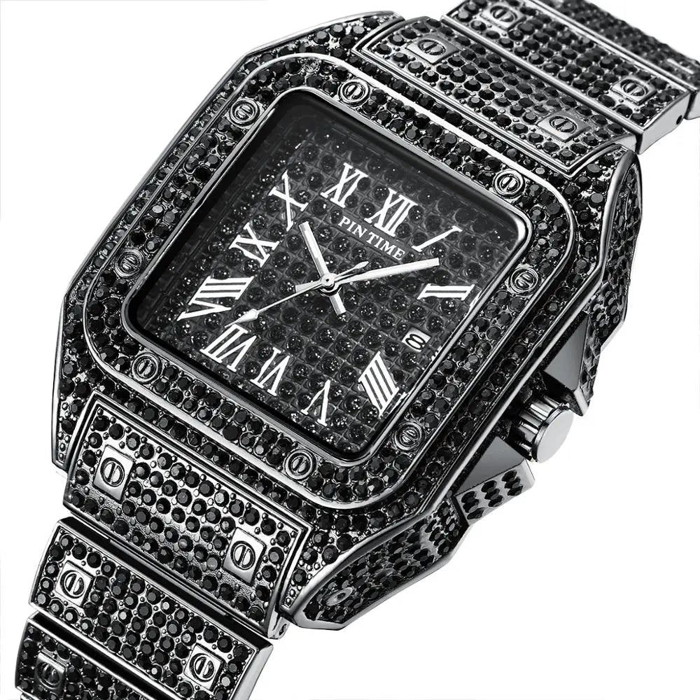 Hip Hop Iced Out Men Watch Square Diamond Quartz Luxury Mens Wrist Watches Gold Roman Calendar Steel Clock Relogio Masculino eprolo