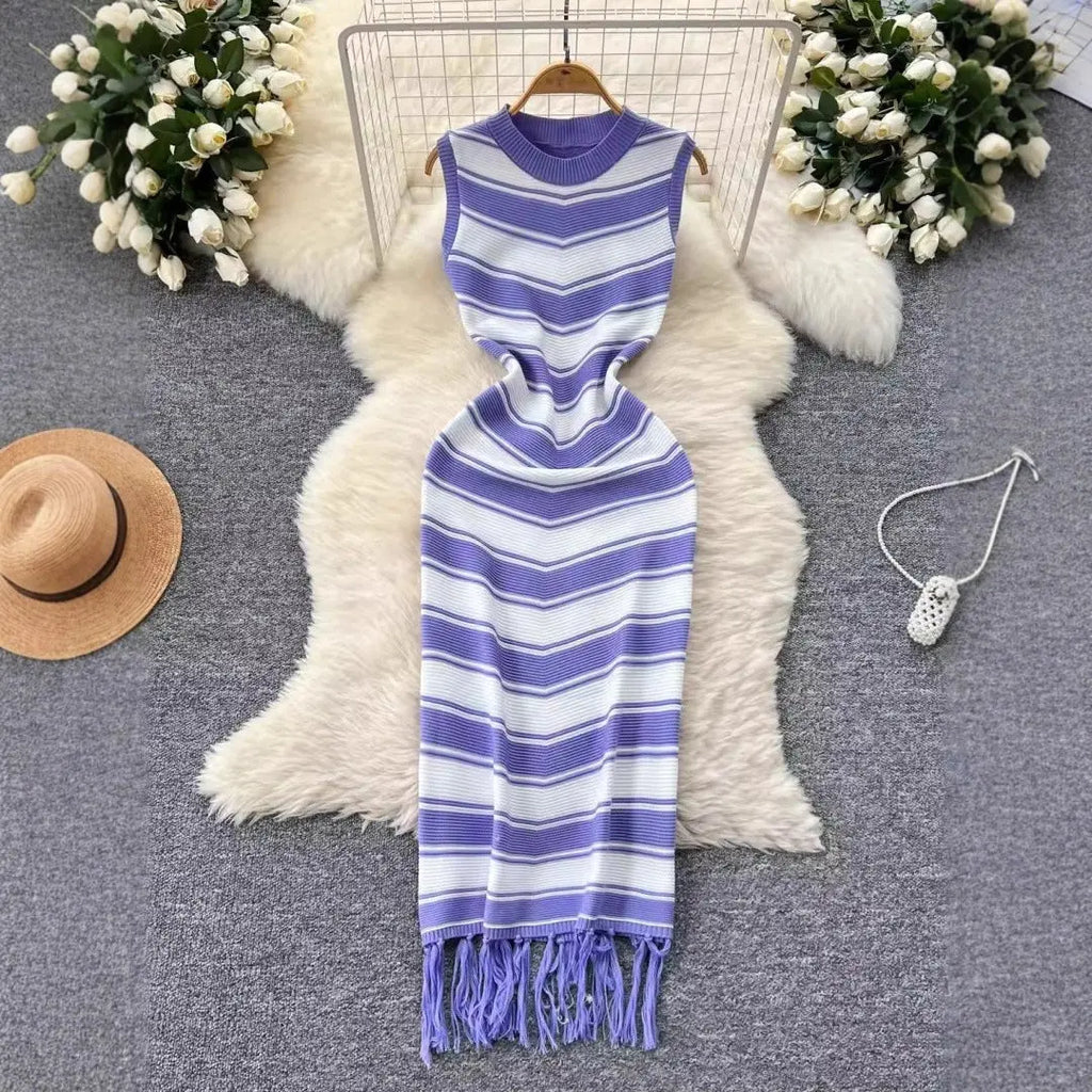 Women's high-end round neck new sleeveless striped knitted dress with unique base and hip hugging long skirt eprolo