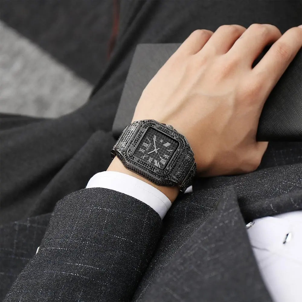 Hip Hop Iced Out Men Watch Square Diamond Quartz Luxury Mens Wrist Watches Gold Roman Calendar Steel Clock Relogio Masculino eprolo