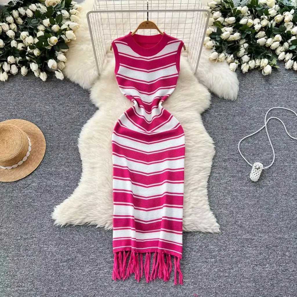 Women's high-end round neck new sleeveless striped knitted dress with unique base and hip hugging long skirt eprolo